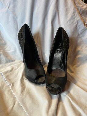 Aldo Black Peep-Toe Heels with Embellished Jeweled Back